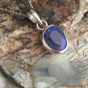 Solid Lightning Ridge Natural Black Opal Silver Pendant Necklace