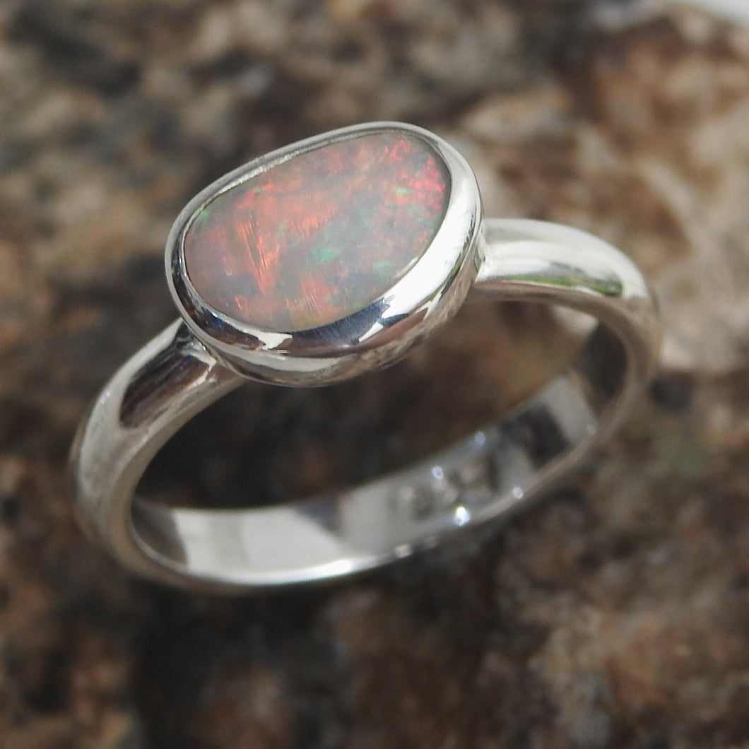 Lightning Ridge Solid Multi-Color Opal Sterling Silver Ring