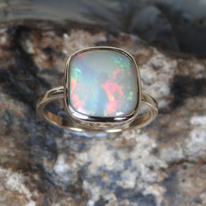 Solid Coober Pedy White Opal Ring with Multi-Color Fires