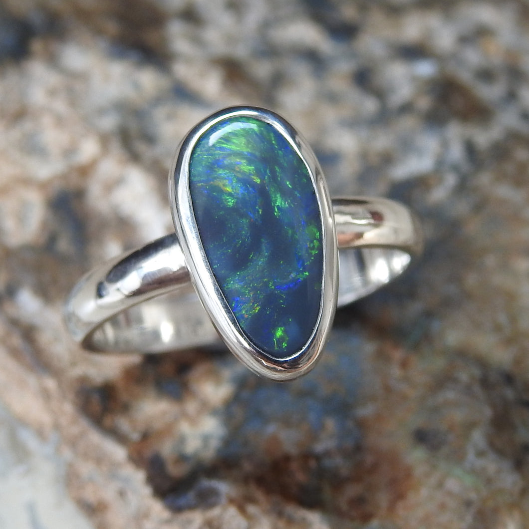 Solid Lightning Ridge Black Opal Sterling Ring