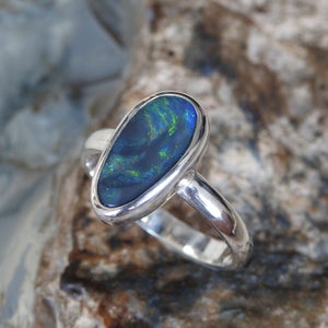 Solid Lightning Ridge Black Opal Sterling Ring