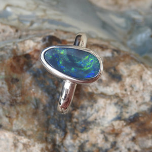 Solid Lightning Ridge Black Opal Sterling Ring